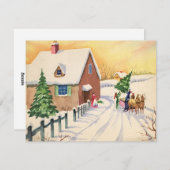 雪の多い冬の道のヴィンテージクリスマスツリー シーズンカード (正面/裏面)