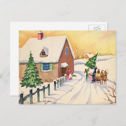 雪の多い冬の道のヴィンテージクリスマスツリー シーズンポストカード (正面/裏面)