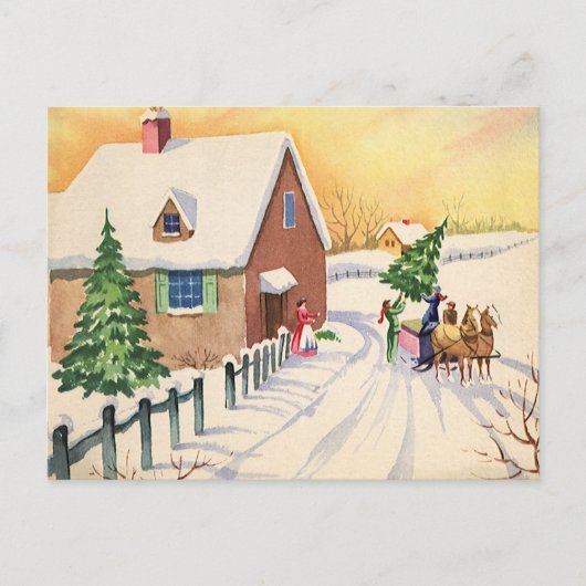 雪の多い冬の道のヴィンテージクリスマスツリー シーズンポストカード (正面)