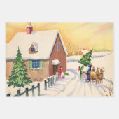 雪の多い冬の道のヴィンテージクリスマスツリー ラッピングペーパーシート (正面2)