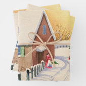 雪の多い冬の道のヴィンテージクリスマスツリー ラッピングペーパーシート (インサイチュ)