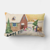 雪の多い冬の道のヴィンテージクリスマスツリー ランバークッション (正面)