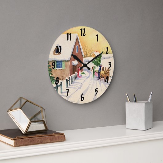 雪の多い冬の道のヴィンテージクリスマスツリー ラージ壁時計 (オフィス)