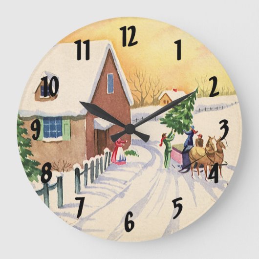 雪の多い冬の道のヴィンテージクリスマスツリー ラージ壁時計 (正面)