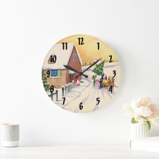 雪の多い冬の道のヴィンテージクリスマスツリー ラージ壁時計 (ホーム)