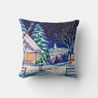 雪の多い冬の風景。カントリーハウス。クリスマスH クッション