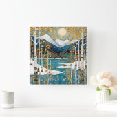 雪の多い冬山 スクエア壁時計 (ホーム)