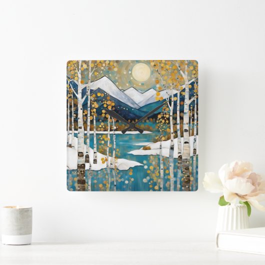 雪の多い冬山 スクエア壁時計 (ホーム)