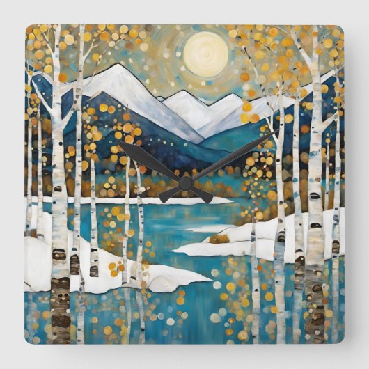 雪の多い冬山 スクエア壁時計 (正面)