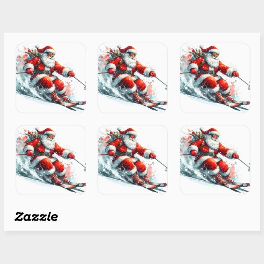 雪の多い山を楽しみに滑るサンタクロース スクエアシール (シート)