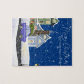 雪の多い村の居心地の良いブルークリスマスナイト ジグソーパズル (横)