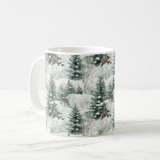 雪の多い森と松の木のクリスマスパターン コーヒーマグカップ (正面左)