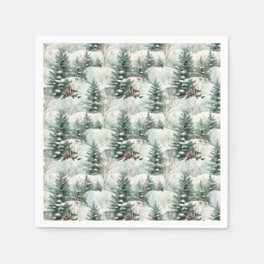 雪の多い森と松の木のクリスマスパターン スタンダードカクテルナプキン (正面)