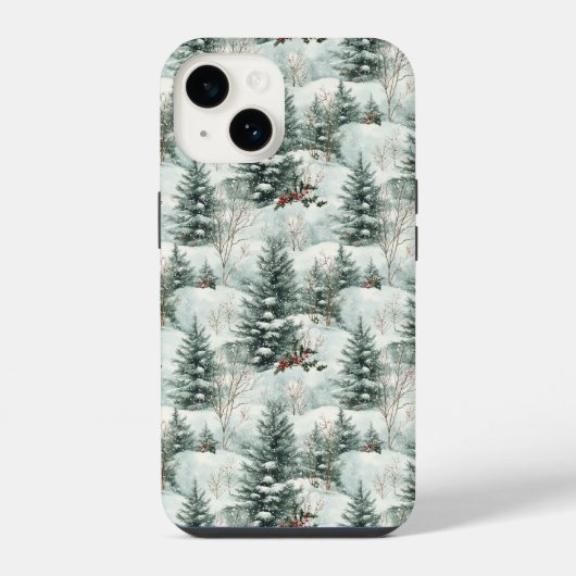 雪の多い森と松の木のクリスマスパターン iPhoneケース (裏面)