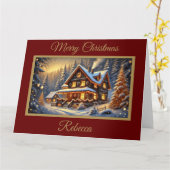 雪の多い森のクリスマスカードのクリスマスコテージ カード (黄色い花)