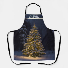雪の多い森の中でクリスマスツリーがライトアップされる エプロン