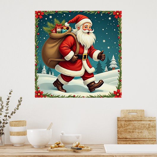 雪の多い森の中でプレゼントをするサンタクロース ポスター (キッチン)