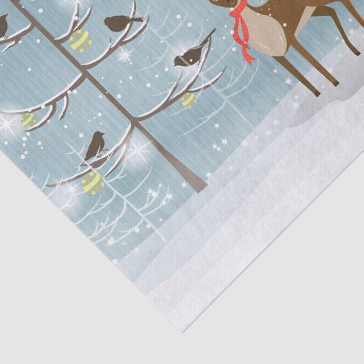 雪の多い森の中で赤いスカーフと鳥を持つ鹿 薄葉紙 (詳細)