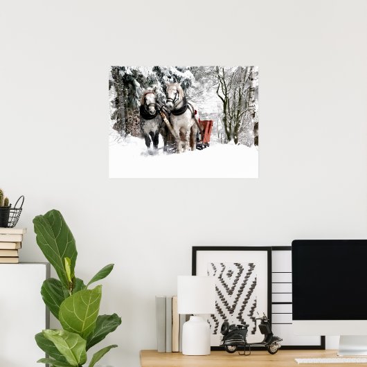雪の多い森の中を馬のチームがそりに乗る ポスター (ホームオフィス)