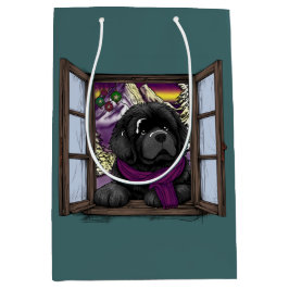 雪の多い窓の子犬 ミディアムペーパーバッグ