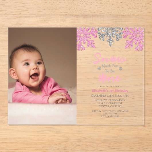 雪の多くのおもしろいの1冬の1日の誕生日 アクリル招待状 (正面)