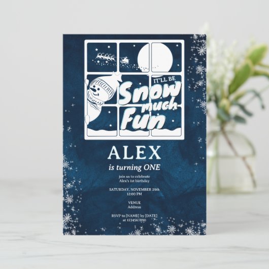 雪の多くのおもしろいサンタスレーエイジ誕生日パーティー 招待状 (スタンド正面)