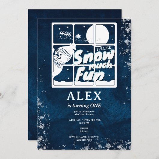 雪の多くのおもしろいサンタスレーエイジ誕生日パーティー 招待状 (正面/裏面)