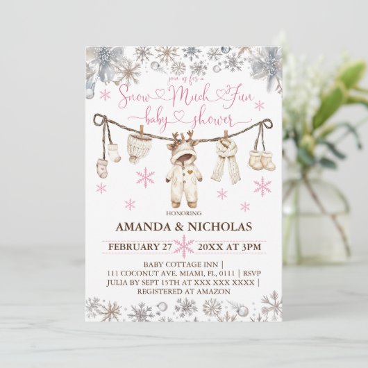 雪の多くのおもしろい冬の女の子の赤ちゃんシャワー 招待状 (スタンド正面)