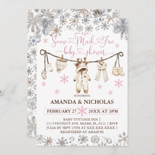 雪の多くのおもしろい冬の女の子の赤ちゃんシャワー 招待状 (正面/裏面)