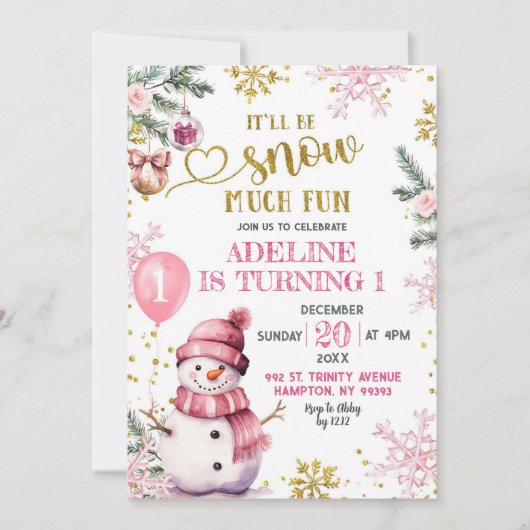 雪の多くのおもしろい冬の最初の誕生日女の子 招待状 (正面)