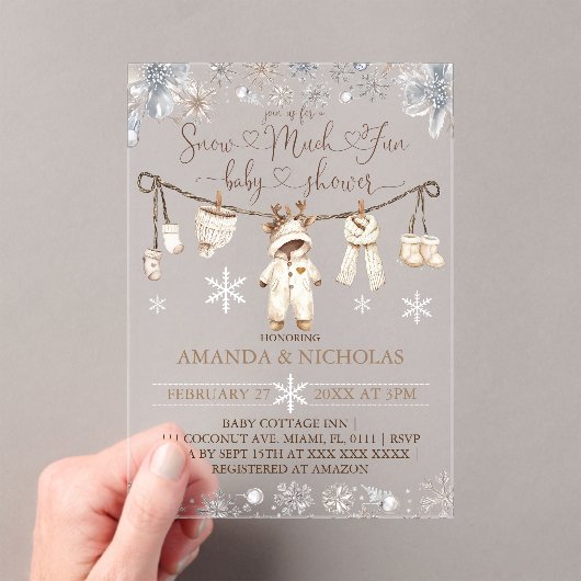 雪の多くのおもしろい冬の赤ちゃんシャワー アクリル招待状 (インサイチュ (ポータブル))