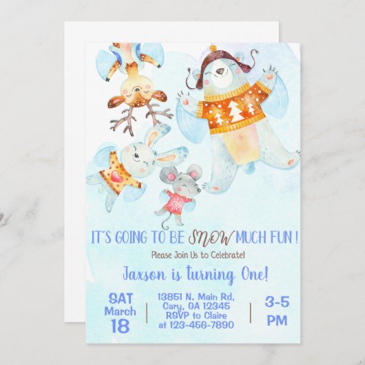 雪の多くのおもしろい少年の冬の誕生日の招待。 招待状 (正面/裏面)