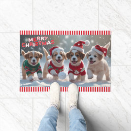 雪の多くのおもしろい遊子犬のクリスマス ドアマット