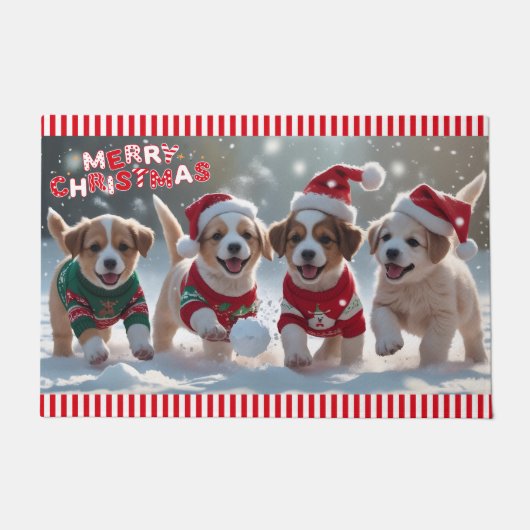 雪の多くのおもしろい遊子犬のクリスマス ドアマット (正面)