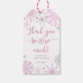 雪の多くのピンクの銀の雪片ありがとう ギフトタグ (正面)