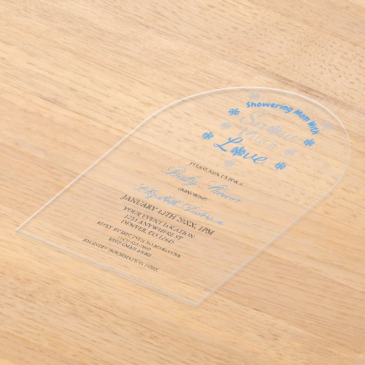 雪の多くの愛冬のスノーフレーク赤ちゃんシャワー アクリル招待状 (レイダウン)