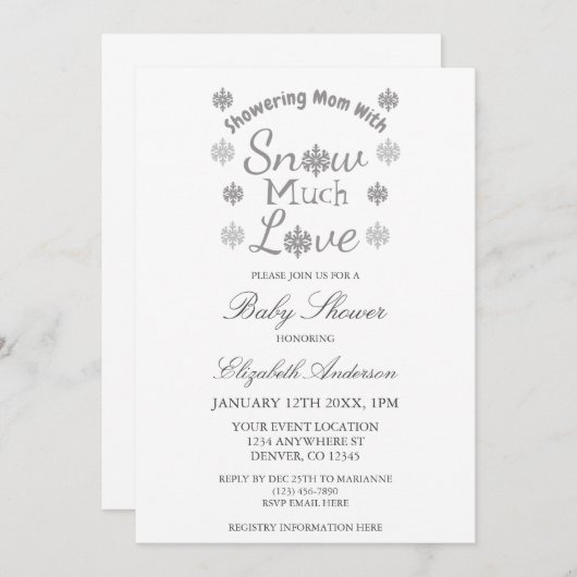 雪の多くの愛冬のスノーフレーク赤ちゃんシャワー 招待状 (正面/裏面)