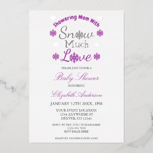 雪の多くの愛冬のスノーフレーク赤ちゃんシャワー 箔招待状 (正面)