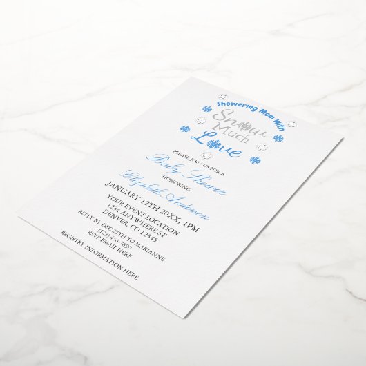 雪の多くの愛冬のスノーフレーク赤ちゃんシャワー 箔招待状 (回転した状態)