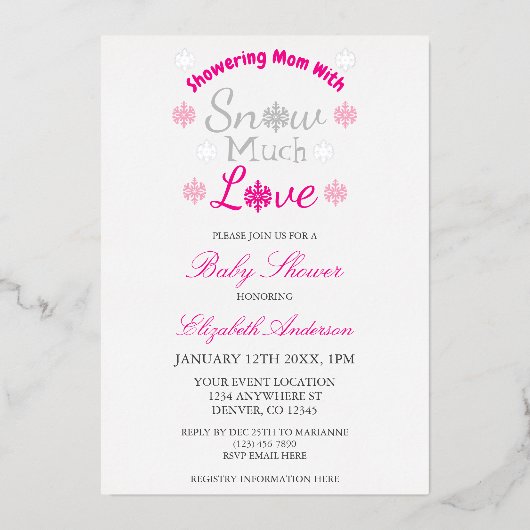 雪の多くの愛冬のスノーフレーク赤ちゃんシャワー 箔招待状 (正面)