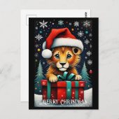 雪の夜かわいいサンタベビーライオンクリスマス ポストカード (正面/裏面)