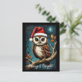 雪の夜かわいいフクロウメリーと明るいクリスマス シーズンポストカード (スタンド正面)