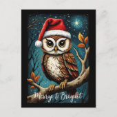 雪の夜かわいいフクロウメリーと明るいクリスマス シーズンポストカード (正面)