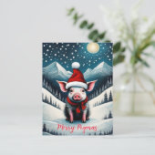 雪の夜かわいい赤ちゃん豚のメリー子豚クリスマス シーズンポストカード (スタンド正面)