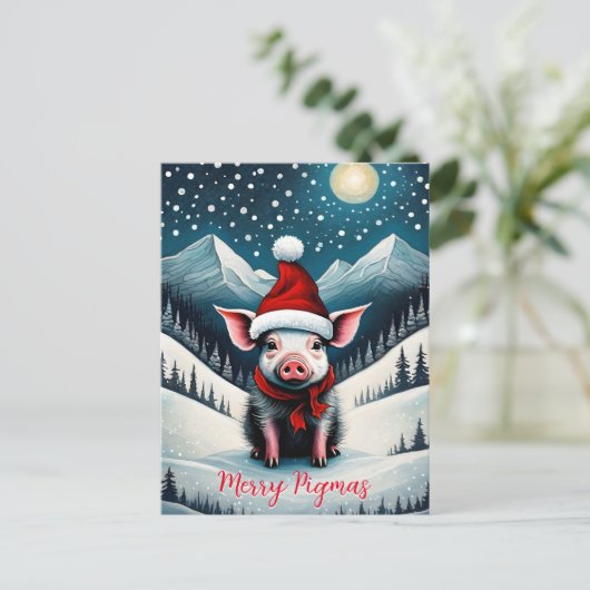 雪の夜かわいい赤ちゃん豚のメリー子豚クリスマス シーズンポストカード (スタンド正面)