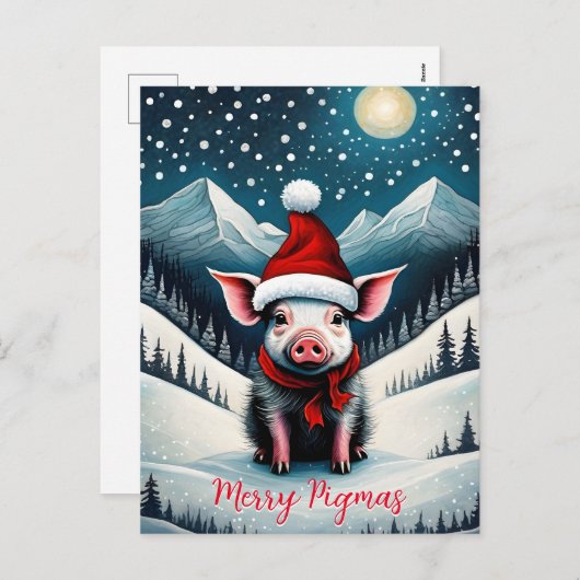 雪の夜かわいい赤ちゃん豚のメリー子豚クリスマス シーズンポストカード (正面/裏面)