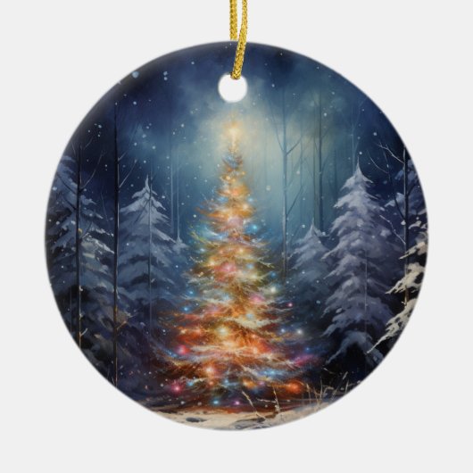 雪の夜がクリスマスの飾りをライトアップ セラミックオーナメント (正面)
