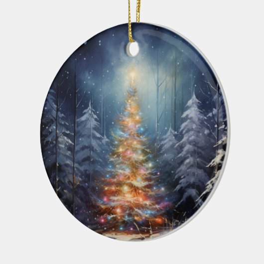 雪の夜がクリスマスの飾りをライトアップ セラミックオーナメント (左)