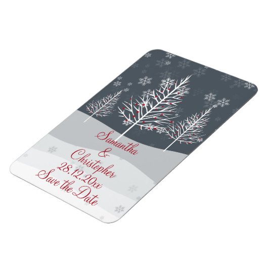 雪の夜と冬の木々の結婚式の日付を保存 マグネット (左側)