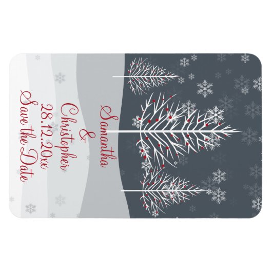 雪の夜と冬の木々の結婚式の日付を保存 マグネット (横)